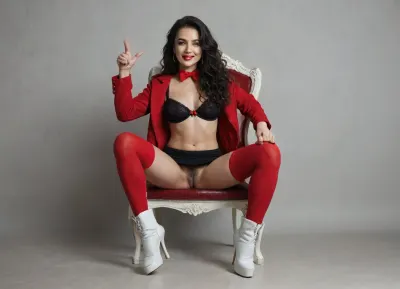 beautiful slavic girl aaaàaaa, 20yo, innocent looking, happy, tits exposed, legs spread very wide open, perfect tits, erect hard nipples, dark makeup, bright red lipstick, black hair, black pubic hair, very very long wavy hair, perfect face, open red jacket, cupless bra, red bow tie, black mini skirt, red stockings, white high heel boots, open chest, giving the thumbs up, sat on a chair in a hall, ultra HD, super realistic, masterpiece