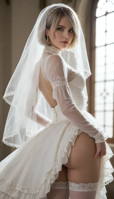 18 year old Yorha2B, detailed face, slim figure, seductive, hourglass figure, small firm breasts, detailed skin, real lighting, very pale skin, maximum detail, maximum realism, firm ass, big ass, thin waist, Very wide hips, UHD 8K, extreme realism, perky tits, tight body, fit, perfect nose, moist lips, white, thighhighs, (short, hair:1.7), hair, on, one, eye, frills, puff, sleeves, (white, bridal, dress, veil:1.5), <lora:Nier_Automata_2B_White_Wedding_Dress_Bride_Cosplay_Realistic_LoRA:.8>, armbinders, rope, <lora:SDXL_BDSMArmbindersXL:.8>