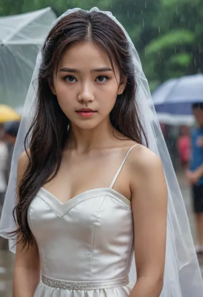 masterpiece, best quality, asian girl, long hair, looking at viewer, rain, satin wedding dress, <lora:sl_sila:.8>
