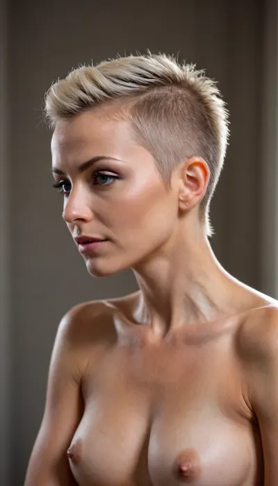 RAW 8K photo, entire body picture head to toes, naked mature woman‘s petit body 45 kilograms light, extremely skinny like a professional ballerina, bordering anorexity, very sinewy body, dry muscles, (very dark sunburnt tanned skin), ultrarealistic skin texture, ashblonde very pixie mohawk updo hair and a undercut, very relaxed posture