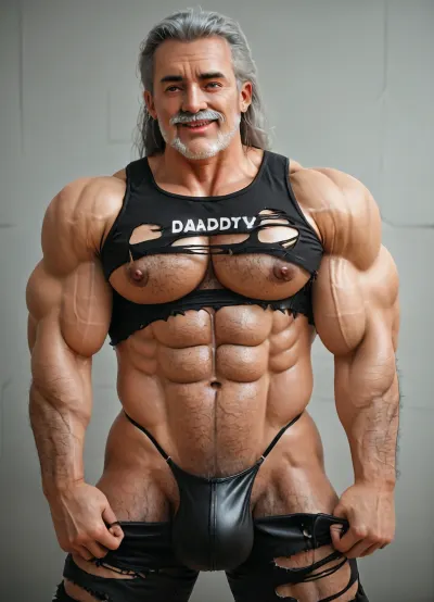 Masterpiece, realistic, solo gay daddy dilf male, (octane render:1.5), fog, myst, (myst:1.8), gay only, gay sex scene, men only, sexy hot beefy hairy old dilf 70-years-old, wearing torn thong and worn torn ripped crop top, (torn outfits:1.5), pecs out, leather suspenders, supsenders, exhibiting, exhibition grandpa, (old daddy:1.8), exhib hot, exposed himself, looking at the viewer, full grey hair and beard, thick moustache, grey beard, grey hairy body, long hair, grey hair, large nipple, erect nipple, hrd, big pecs, big fat bulge thong, big balls, (big muscles:1.5), excessive hairy chest legs and balls, (hairy body:1.7), big booty, (big booty:1.5), (big pecs:1.5), big tits, grabbing boobs, grabbing pecs, grabbing bulge, (big bulge thong:1.4), (grabbing:1.5), gay hot attitude, teasing daddy male gay, arrogant smile, close view, from below