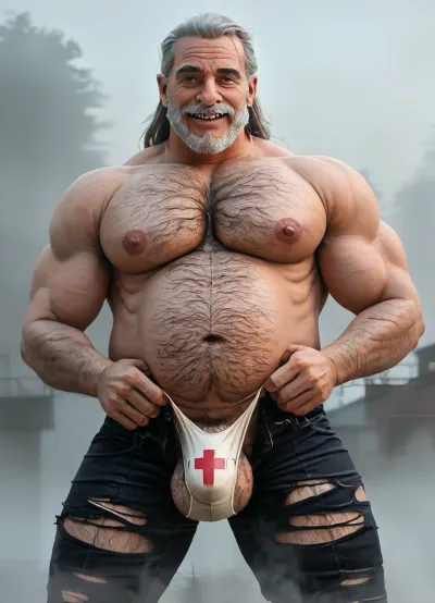 Masterpiece, realistic, solo gay daddy dilf male, (octane render:1.5), gay only, gay sex scene, men only, heavy fog, (fog:1.8), myst, (myst:1.5), sexy hot beefy hairy old dilf 70-years-old, wearing torn thong and worn torn ripped crop top, (torn outfits:1.5), pecs out, leather suspenders, supsenders, exhibiting, exhibition grandpa, (old daddy:1.8), exhib hot, exposed himself, looking at the viewer, full grey hair and beard, thick moustache, grey beard, grey hairy body, long hair, grey hair, large nipple, erect nipple, hrd, big pecs, big fat bulge thong, big balls, (big muscles:1.5), excessive hairy chest legs and balls, (hairy body:1.7), big booty, (big booty:1.5), (big pecs:1.5), big tits, grabbing boobs, grabbing pecs, grabbing bulge, (big bulge thong:1.4), (grabbing:1.5), gay hot attitude, teasing daddy male gay, arrogant smile, close view, from below