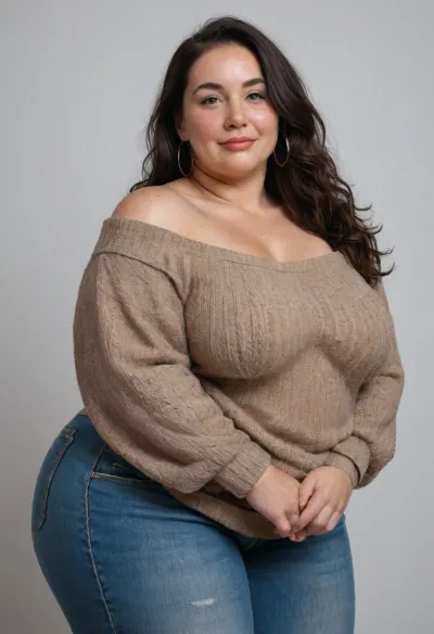 Mature, gilf, 60 years old, (oversized ssbbw:1.4), ., (Oversized thick thighs and oversized wide hips:1), . Oversized wide thin sweater. Natural black hair, thick. Freckles on face. Long eyelash. Full lips, lipstick. Tight highwaist jeans. Hoop earrings. Seductive posing. Seductive smile. Fupa. Green eyes, sagging, drooping