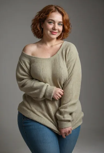 Mature, gilf, 60 years old, (oversized ssbbw:1.4), ., (Oversized thick thighs and oversized wide hips:1), . Oversized wide thin sweater. Natural ginger hair, thick. Freckles on face. Long eyelash. Full lips, lipstick. Tight highwaist jeans. Hoop earrings. Seductive posing. Seductive smile. Fupa. Green eyes, sagging, drooping