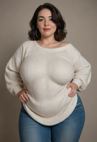Mature, gilf, 80 years old, (oversized ssbbw:1.4), ., (Oversized thick thighs and oversized wide hips:1), . Oversized wide thin sweater. Natural black hair, thick. Freckles on face. Long eyelash. Full lips, lipstick. Tight highwaist jeans. Hoop earrings. Seductive posing. Seductive smile. Fupa. Green eyes, sagging, drooping