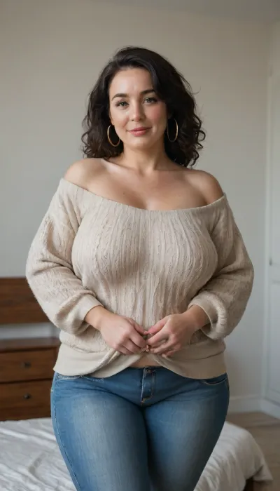 Mature, gilf, 80 years old, (oversized ssbbw:1.4), ., (Oversized thick thighs and oversized wide hips:1), . Oversized wide thin sweater. Natural black hair, thick. Freckles on face. Long eyelash. Full lips, lipstick. Tight highwaist jeans. Hoop earrings. Seductive posing. Seductive smile. Fupa. Green eyes, sagging, drooping