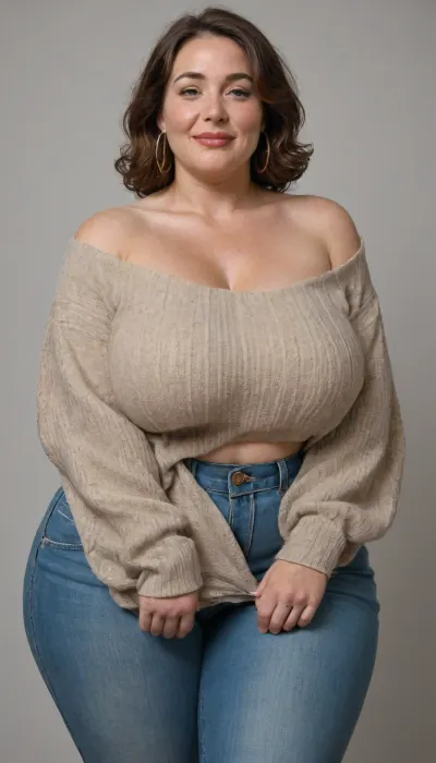 Mature, gilf, 80 years old, (oversized ssbbw:1.4), ., (Oversized thick thighs and oversized wide hips:1.2), . Oversized wide thin sweater. Natural brown hair, thick. Freckles on face. Long eyelash. Full lips, lipstick. Tight highwaist jeans. Hoop earrings. Seductive posing. Seductive smile. Fupa. Green eyes, sagging, drooping