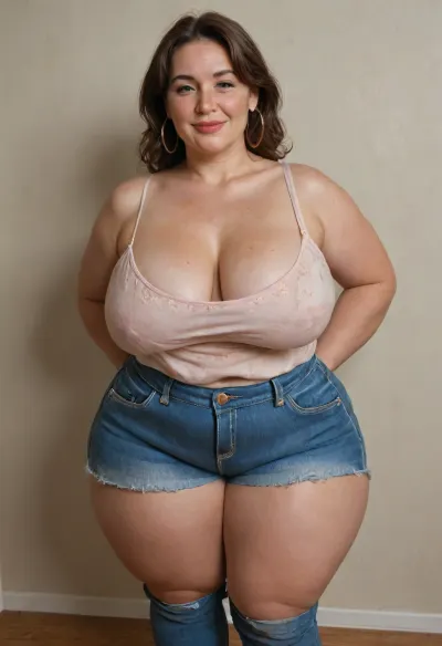 Mature, gilf, 80 years old, (oversized ssbbw:1.2), ., (Oversized thick thighs and oversized wide hips:1), . Oversized wide thin camisole. Natural brown hair, thick. Freckles on face. Long eyelash. Full lips, lipstick. Tight highwaist jeans. Hoop earrings. Seductive posing. Seductive smile. Fupa. Green eyes, sagging, drooping