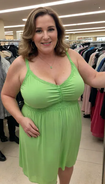 Raw picture, iPhone 15 pro photo, warm light, group of ssbbw Belgian woman, 65 years old, looking at the camera, smiling, large boobs, saggy boobs, slim, brown necklace, taking a selfie in a department store fitting stall, flashphoto, Pale skin, showing her boobs, dark light, skin detailed with skin imperfections, long bright green sun dress