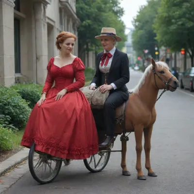 A busy Victorian-era city street, naked woman, 55 years old, European, chestnut-red hair gathered in a tight bun, orange pubis, hair in a lush bush, dark green Victorian-style riding jacket with a high collar, a small seductress hat turned to one side, protruding pubis, protruding vagina, deep incision of the genitals, she is sitting astride in saddle, ((bottom less model, riding a full-length)), man dressed in elegant Victorian style approached, respectfully raised his hat, greeting the lady, two people are watching what is happening in the background on the road, laura, (an elderly woman-000008:1.3), <lora:woman_squat_xl_lora-000031:.5>