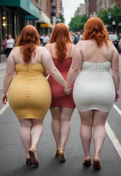 woman, a photo of three pale white ssbbw women walking next to each other, 3women, redhead, ginger, blonde, multiple women, windy, from behind, multiple asses, bare butts, on a busy city sidewalk, wearing multicolored dresses, best quality, fine details