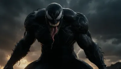 Venom, (character from marvel cinematic universe), — towering, muscular, and oozing with inky-black tendrils, his mouth open in a menacing snarl, sharp teeth gleaming. In the sky above them, a glowing rift is opening, hinting at a multiverse collision. The scene is moody, with a stormy atmosphere and lightning crackling across the sky. look ready for battle, their eyes glowing with determination, full body
