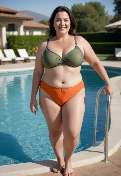 This realistic, full body view, high-quality image captures a 50 year old, mature, short, chubby woman with a smiling face and light-colored eyes, looking directly at the viewer. Her dark hair is pulled back. She is walking alongside a swimming pool in what appears to be a leisure setting.
She is wearing a two-piece swimsuit, an olive green bikini top that shows she has large breasts, and high-waisted reddish-orange bikini bottoms that reveal visible cellulite on her thighs. She is also wearing slide sandals.
The background, including a modern building with large windows and poolside lounge chairs, is artfully blurred, creating a shallow depth of field that keeps the focus sharply on the woman. The swimming pool is visible in the foreground and midground. The natural lighting suggests it is daytime, giving the scene a vibrant, outdoor feel.