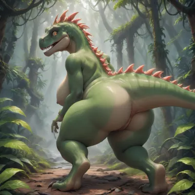 A naked woman with big boobs and a butt stands against a backdrop of a jungle, with a dinosaur in the foreground.