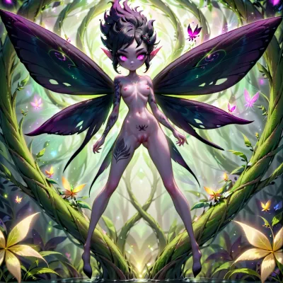 18 years old, goth girl, very thin, very thin waist, slender body, slender waist, slender legs, erect nipples, glowing pink eyes, big detailed matching eyes, (dark fairy), black hair, fairy, fairy black wings high on back, fairy black wings on shoulders, naked, naked pussy, show pussy, (tattoos), full body view