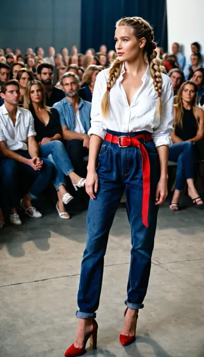 dark blue baggy paperbag slouchy jeans, very long hair, red belt, shoes, fashion show, slouchy style, ponytail, braided, blond hair, white blouse, audience