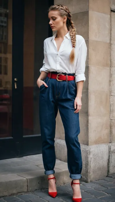 dark blue baggy paperbag slouchy jeans, very long hair, red belt, shoes, prague, slouchy style, ponytail, braided, blond hair, white blouse, from the side