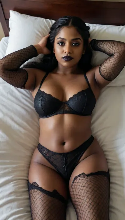 south Indian girl. very dark skin. laying spread out on a bed. thick girl. huge tits. big thighs. long braided hair. fat ass. oiled. no bra, bare chest half smile. hands above her head. goth. black lipstick. fish net stockings