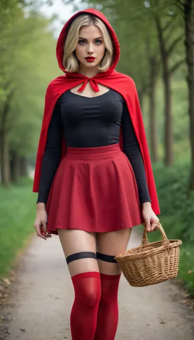 masterpiece, best quality, good quality, very aesthetic, absurdres, newest, 8K, realistic, red-theme, abstract background, simple-background, two-tone-background, detailed eyes, perfect eyes, realistic eyes, single, one, black stockings, thick eyebrows, full lips, blonde hair, short hair, purple eyes, red hood, slim body, black shirt, thighs, red skirt, standing, legs apart, 1girl, modern interpretation of Little Red Riding Hood in a revealing outfit, cinematic angle, full body, holds a raffia basket