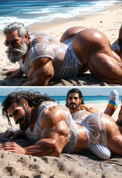 A beefy old daddy 60-years-old, (old beefy daddy:1.5), solo daddy, wet white transparent tshirt, wet white transparent speedo, (transparent white speedo:1.7), (big muscles:1.5), big pecs, big bulge, (big bulge:1.5), large nipples, erect nipples, fit grey gray hairy sexy dilf, full beard, thick beard, thick moustache, very long gray hair, very hairy, beach, extreme realist details, hrd, six pack, (big ass:1.8), angular jawline, lying on stomach on beach, sexy poses, hairy pits, (gay sex:1.8), (very long gray hair)