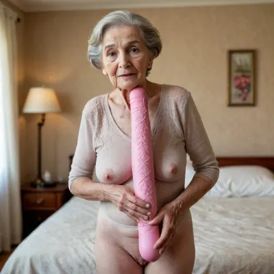 An 80 year old woman wearing a large strap on dildo. Grandmother, granny, strap on, wrinkles, saggy, full body photo
