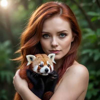 Sexy Woman with a red panda on her arm. Red panda looking at the camera.
Woman with long red hair. Small breasts. Flat belly.