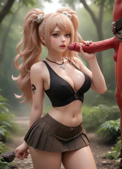 ((Junko Enoshima)), Short, dwarf, goth, outdoors, jungle, curvy, not tall, fantasy, thin waist, (((big boobs1:1))), green skin, dungeons and dragons, (((big ass:1.1))), green, beauty, mature, narrow waist, huge boobs, strong, fierce, adventurer, red skin, ((full thighs:1.1)), ((ultra quality, 8k, high detail of face, eyes, clear and expressive look)), tattoos, dwarf goth girl, in a state of orgasm, green hair, 19 years old, short black mini skirt, black top, no panties, no bra, stick out strongly nipples, large cleavage, young woman, blonde, lips red and shiny, (skin oiled), big round tits, fabulous background, black necklace around her neck, sex, blowjob, look at the viewer, detailed face, ultra-detailed image, high detail, natural pose, beautiful hands, detailed Fingers, (masterpiece, best, quality:1.5), <lora:nendoroid_xl_v8:2>, <lora:Designer_BlindBox-000015:2>, <lora:Venus_Body_Alpha:2>, <lora:SDXLlora13ErFut:2>