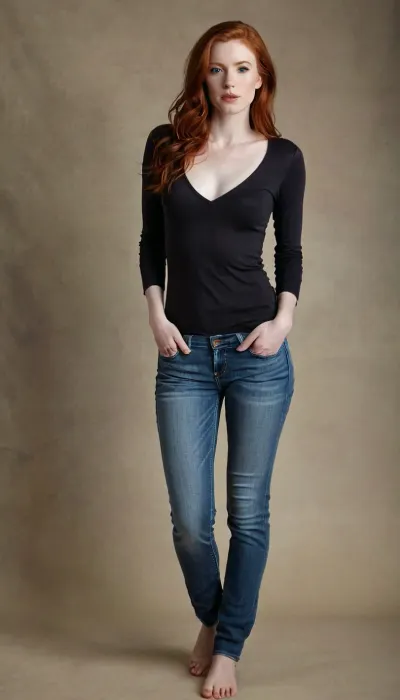 Wife, 29 years old, ginger, redhead hair, ((pale skin)), white skin, Medium breast, falling breast. Full body view. Shirt. Hollister, Jeans, <lora:Hollister_Lora_v1.0:.8>
