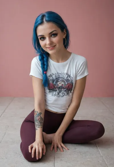 1 girl, russian young beautiful 18 years old girl, blue hair, two big braid, blue eyes, (Realism:1.5), (Small flat chest:1.4), (Freckles:1.3), (Dark makeup, eye shadow:1.4), (smile:1.3), Dressed in a oversize t-shirt and A pink hoop on the head s and Leggings, pink room, toys, She's sitting on the floor with her legs spread, epic pose, (tattoo:1.3), Posing for the viewer