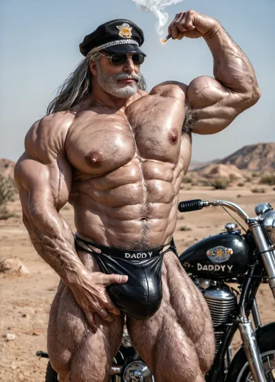 Beefy old daddy, 60-years-old, big muscles, big pecs, big bulge, big booty, gray hairy body, full gray beard, big thick gray mustache, long gray hair, (long hair:1.1), (big pecs, (big ass, (old beefy daddy:1.5), wearing torn leather motorbiker, standing in hot desert, nipples, wearing black biker cap and sunglasses, (hand gropping crotch:1.5), flexing arm biceps, bulge, pubic hair, hairy body, (smoking a cigarrette:1.5), hot teasing daddy, gay solo daddy))