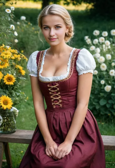 (high quality photographie), (detailed eyes), (detailed skin), (ultra sharp), one only 1m65 slender 23yo female woman, very small waist, long blonde pinned-up hair, flat-chested, no makeup, in traditional austrian dirndl dress in the garden of the new house at a housewarming party with friends and family, soft smile, full body view