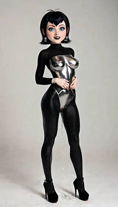Dracula mavis robotized, robot Dracula mavis from hotel Transylvania, all shiny and metallic Dracula mavis, metallic breasts, erect metallic nipples, all of her body is shiny metallic, having metallic pussy who squirting, very high platform heels, sultry look, front view, full body view