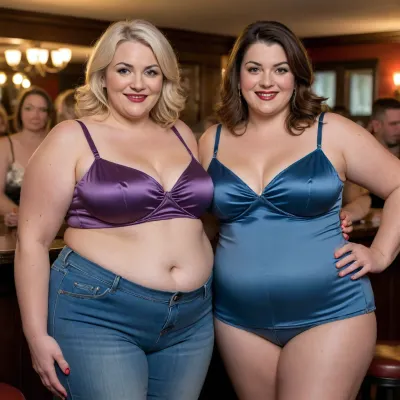 two fat gilfs, high waist jeans, spaghetti strap satin camisole, facing viewer, looking at viewer, eye contact, flirting, smiling, party, bar background, fupa, chubby, wide hips, big hips, hard nipples