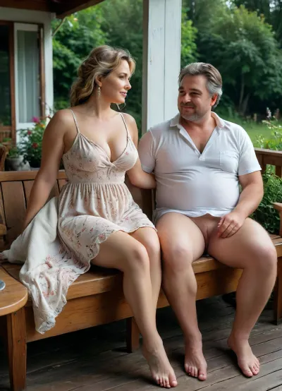 ((Two men + one mature plump milf)), ((Open veranda with a dining table, sofa, garden, night)), ((a couple is sitting on a sofa at a table)), ((a mature milf in a light sundress)), stopped pushing away the matchmaker, did not resist and often lingered in his arms. And after a while Mikhail sat and hugged my milf, hugged as if he was her husband, the milf herself pressed herself against him, they laughed and joked merrily. One text message fell out, Mikhail, as if by chance, ran his hand over the milf's bare chest, stroked her hips, several times his hand ended up between her knees. And it was at such moments that the milf's head would lean on Mikhail's chest, as if encouraging him, perhaps unconsciously, ((wide ankles, barefoot)), (full body view:1.5), plump, skindentation, chubby, bbw, venus, body, big, breasts, ass, <lora:xl_more_art-full_v1:.8>, <lora:MJ52:.8>, <lora:Chubby BBW - XL:.3>