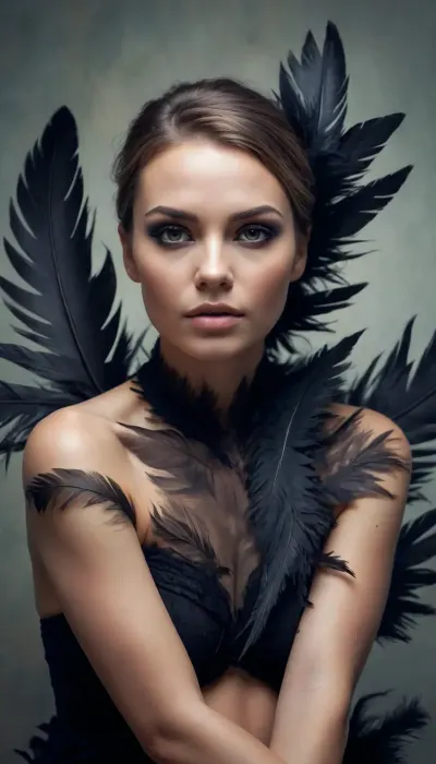fullbody, A double-exposure illustration in which a woman face is overlaid with raven feathers, blending human features with skin elements. she sits, #©KITTYART



































#©KITTYART