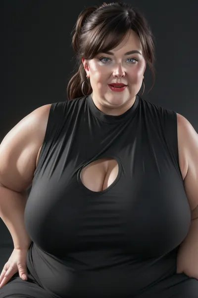 (Close-up:1.2), portrait photo a mature chubby woman, fat huge bosom, fat round face, double chin, 60 years old Woman, blue eyes, brown pixie haircut, ponytail, chubby jawline, pokies, seductive smile, lips parted, mouth open, teeth showing, big lips, looking at viewer, (solid dark background:1.3), eye level shoot, film grain, style by Flora Borsi, OverallDetail, downblouse, loose, t-shirt, leaning, forward, <lora:Lora_Srabonti2023-X4:.3>, <lora:downblouse-v1:.7>, <lora:weight_slider_v2:1.5>