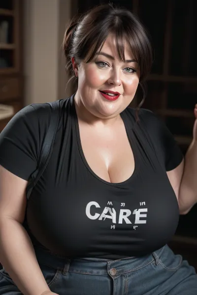 (Close-up:1.2), portrait photo a mature chubby woman, fat bosom, fat round face, double chin, 60 years old Woman, blue eyes, brown pixie haircut, ponytail, chubby jawline, pokies, seductive smile, lips parted, mouth open, teeth showing, big lips, looking at viewer, (solid dark background:1.3), eye level shoot, film grain, style by Flora Borsi, OverallDetail, downblouse, loose, t-shirt, leaning, forward, <lora:Lora_Srabonti2023-X4:.3>, <lora:downblouse-v1:.7>, <lora:weight_slider_v2:1.5>