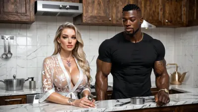 young women with many tattoos in half transparent silk robe, black hair with blonde roots, busty big rounded tits, dark skinned muscular man plumber with gigantic cock in dungarees.he is Holding big pipe wrench in one hand, trying to repair kitchen sink, she is curious about his cock