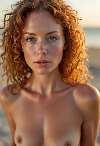 Realistic erotic masterpiece, award winning penthouse magazine photo, very detailed toned body of 38yo yoga Dutch curly redhead girl next door, showing tight and toned body in bikini, average face, Big seductive eyes, Professional seductive close up body, sunrise beach, proper shadows, girl is dominant and seductive, she licks her lips, medium, <lora:MJ52:.5>