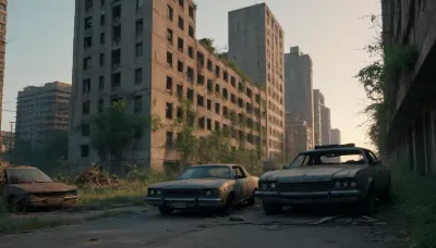 Post-apocalyptic cityscape at dusk, overgrown buildings, collapsed skyscrapers, nature reclaiming concrete, rusted cars, vines creeping along shattered roads, moody and detailed.