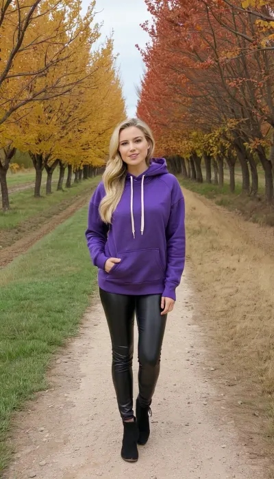 The photograph shows a young woman with long, light blonde hair pulled back into a half-updo. She appears to be in her late teens or early twenties, and she has fair skin and is wearing makeup that enhances her natural features. Her expression is one of cheerful confidence. She's wearing a vibrant purple hoodie, which appears to be made of a soft, comfortable material. The hoodie is slightly oversized and has a drawstring hood, though the hood itself isn't visible. She is also wearing black leather leggings that hug her figure. The leggings have a shiny, slightly reflective quality.

She is standing on a dirt path or road, which is fairly simple and unadorned. The path is light brown with small stones and gravel visible. The background is dominated by a line of bare, leafless trees, suggesting it's likely autumn or winter. The trees are mostly uniform in height and spacing, creating a natural but somewhat structured backdrop. Beyond the trees, there is a flat agricultural field visible in the distance, showing a beige or light brown tone of dormant vegetation. The overall lighting is muted, characteristic of an overcast day. The overall mood is pleasant and relaxed, with a hint of casual outdoor adventure. The color palette is somewhat subdued, with the purple hoodie providing a pop against the muted browns and grays of the landscape and her dark leggings. The photograph seems candid and unposed, giving it a natural feel.