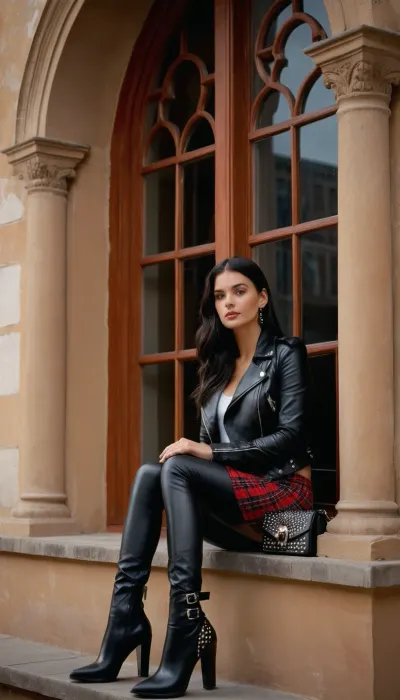 A young woman with dark hair is seated on a windowsill. She is wearing black leather leggings, black leather boots with pointed toes and a black leather jacket. A black bag with silver studs is held in her lap. The bag appears to have a studded design, and the skirt underneath is a red and black plaid pattern. The background shows an ornate, light beige colored building with many arched windows, and a decorative painted wall.