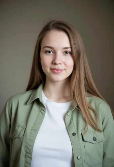 A portrait shot of a young woman, around 24 years old, standing indoors with a calm and confident expression. She has long, smooth, light brown hair that falls naturally over her shoulders, parted slightly to one side. She is wearing a casual outfit—a light green button-up jacket layered over a plain white t-shirt, emphasizing a minimalistic and relaxed style. The lighting is soft, natural, and subdued, casting gentle shadows that highlight the contours of her face, giving her skin a flawless and matte texture. The neutral background is slightly blurred, drawing attention to her sharp, piercing gaze and perfectly symmetrical features. The overall mood of the image is serene, with a focus on her composed, almost melancholic expression.