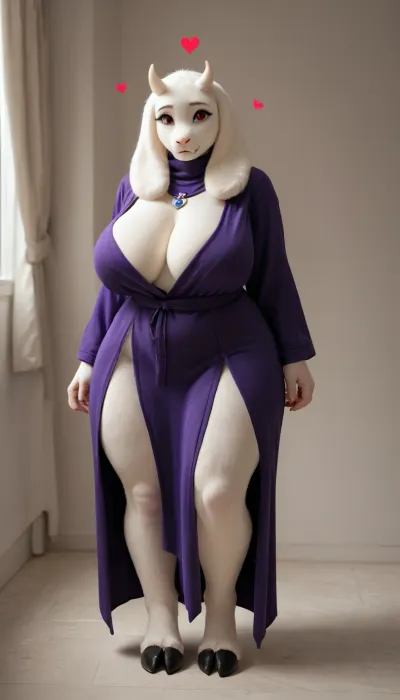 masterpiece, best quality, high resolution, hires, score_9, score_8_up, score_7_up, score_6_up, (((Toriel from Undertale:1))), (((anthro, furry, white fur, body fur, white skin))), (((1girl))), tall anthropomorphic goat-woman, ((hooves instead of feet)), long floppy ears, small curved horns, soft smiling face, ((red cheeks:1.1)), (((hearts flying around woman's head:1.5))), gentle red eyes, wearing a long flowing purple robe with the words "Your Mommy" written in white, wide long sleeves, motherly and shy expression, (((massive milky soft breasts:1.2))), (((saggy boobs:1.2))), (((wide curvy hips:1.2))), soft full figure, (((thick thighs:1.2))), hourglass shape, matronly and nurturing body, long gentle arms, standing pose, warm and inviting aura, warm colors, fantasy style, full body, cozy room on background, high detail, cel-shaded, soft lighting, game character design, anime-inspired proportions, smooth clean linework, detailed fur, fursuit, <lora:FursuitXL:1.3>, <lora:SDXLHighDetail_v6-000005:1.5>