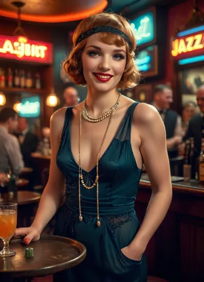 vibrant Flapper Dress, ginger bobbed hairstyle, cloche hat, silk tights, long beaded necklaces, sexy smile, laughing, flirtatious attitude, perfect teeth, she is working in a nightclub as a hostess, (she is holding a serving tray filled with cocktails), she is busy serving packed tables while a crowd watches an enthusiastic jazz band perform, the bar is filled with high energy excitement, Masterwork, masterpiece, award winning photo, photojournalism, cinematic lighting, quality face, detailed face, drama, dynamic pose, highly detailed, best quality, perfect rendering, score_9, score_8_up, score_7_up, detailed texture, sharp focus, brilliant contrast, detailed skin texture, highly detailed body, high resolution, maximum detail, 1930s, (style), 30s, hair, Vintage, retro, Archive, photo, jazz, b4r, <lora:Vintage style - XL 1930s SDXL v1.0:1.1>, <lora:jazz_b4r:1>, <lora:style_lora_realis:1.1>, <lora:Vivid Midjourney mimic - XL SDXL v2.0:.8>