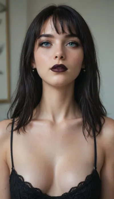 1girl, gothic, pale skin, light blue eyes, black hair, hair, bangs hair, black eyeliner, black lipstick