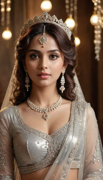 A stunning woman with loose, voluminous brown curls that fall effortlessly around her shoulders. Her curls are soft and shiny, catching the light with a natural bounce, styled in an elegant style, adorned with silver headpiece. She wears a beautiful silvery lehenga choli with net dupatta as half saree, adorned with shimmering pearls and fine glitter. Her Background is shimmering pearls crushed, creating a surreal and intriguing atmosphere. Hyper-detailed, anime-style