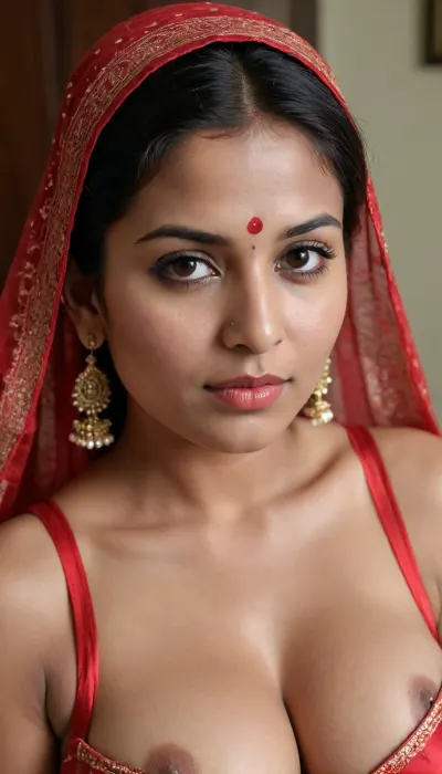 A 30 years old very beautiful sexy horny Indian wife, thick puffy wide sexy lips, horny look, deep prominent black eyes, closeup look of enormous boobs with erected heard black colored nipples and prominent goosebumps all over the boobs, ((show the red vermilion on head as indian wives usually wear)), show the, ((prominent goosebumps on the boobs)), goose pimples all over the boobs, tiny hair on the brrasts are all erected pimples on face, biting lips in anticipation, goosebumps appearing on skin, fully erected very long hard black colored nipples, biting her bimbo lips in lust