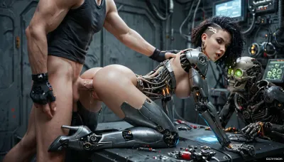 man, girl, cyborg girl, anal penetration, anatomy, cyberanatomy, B34ut1ful, 4ndr01d, cyborg, metal, gears, circuits, glowing, <lora:cyberanatomy:1.5>, <lora:Beautiful_Android:2>