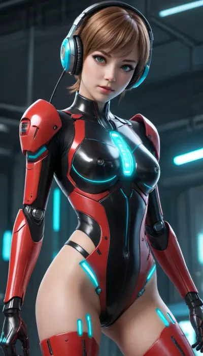 bust anime female android with short light brown hair and ahoge, wearing a futuristic red and black bodysuit with glowing cyan lines. Visible metallic joints on the knees and hips. Winking playfully with one eye and waving with one hand. High-tech headphones or ear covers with cyan lighting. Bodysuit has sleek, contoured panels and integrated boots with angular designs. Shoulder pads and wristbands included. Expression cheerful and dynamic. Clean line art, cel shading, sci-fi mecha style, background optional.
anime, android, female character, sci-fi, mecha, cyberpunk, futuristic, high detail